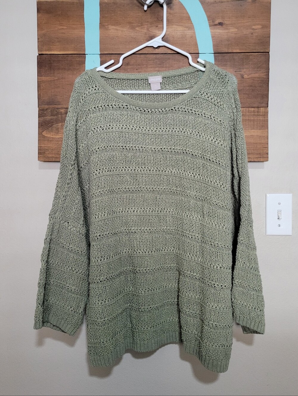Chico's Sage Green With Gold Speckles Open-Knit Naturecore Sweater Size XXL